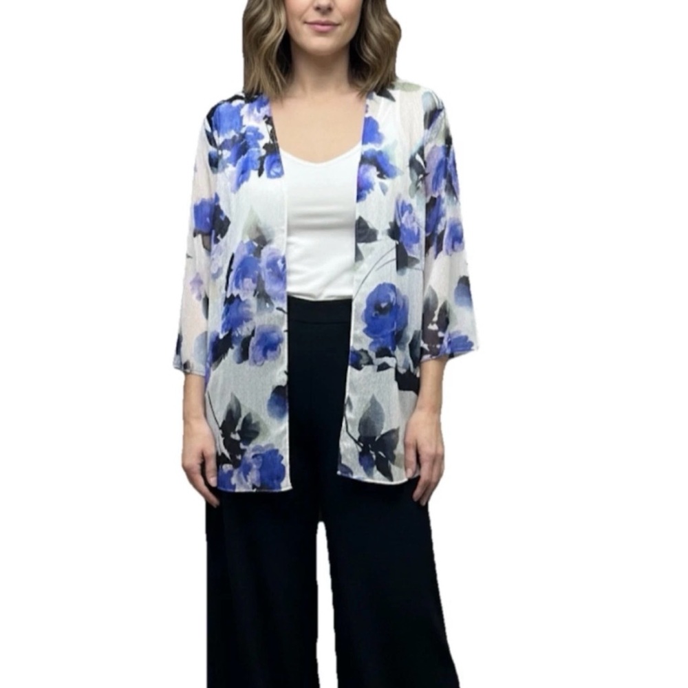 ALEX EVENINGS FLORAL SHIMMER EVENING JACKET L GEORGETTE OPEN 3/4 SLEEVE FEMININE